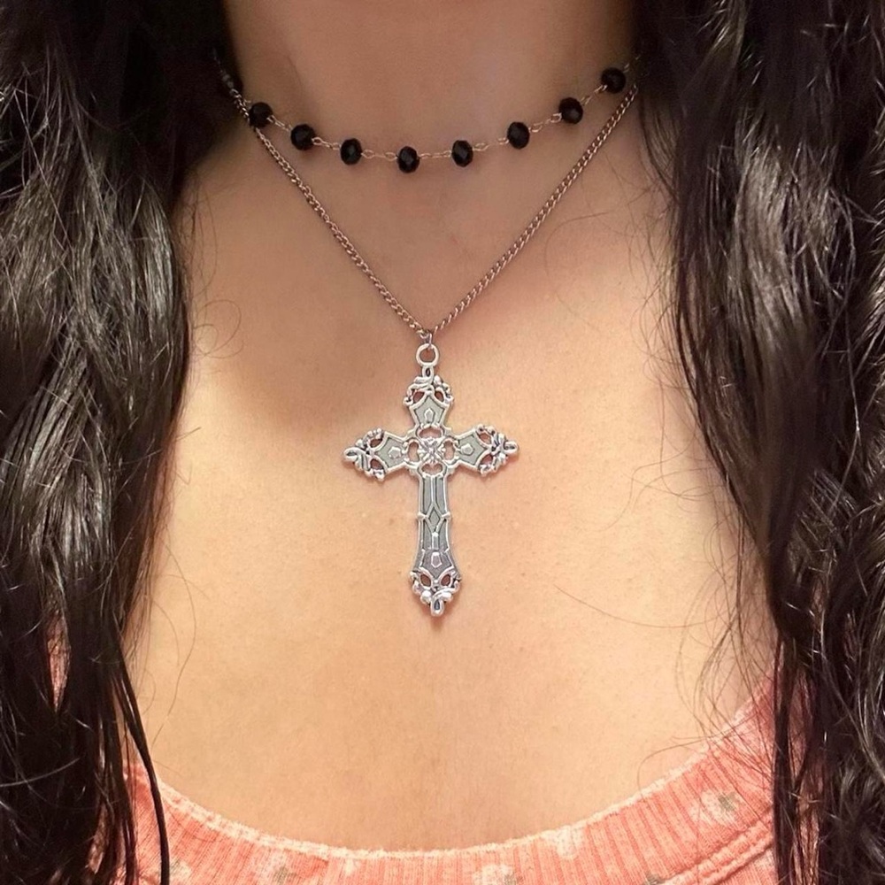 Vintage Silver Statement Cross Necklace Choker Silver Gothic Black Beads Pearls